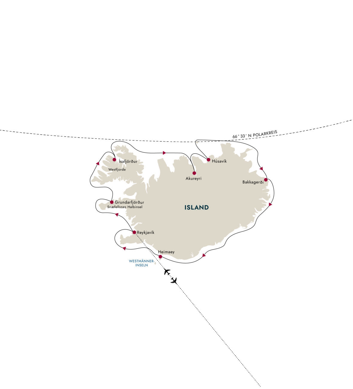 Die Karte zeigt eine Reiseroute durch Island
